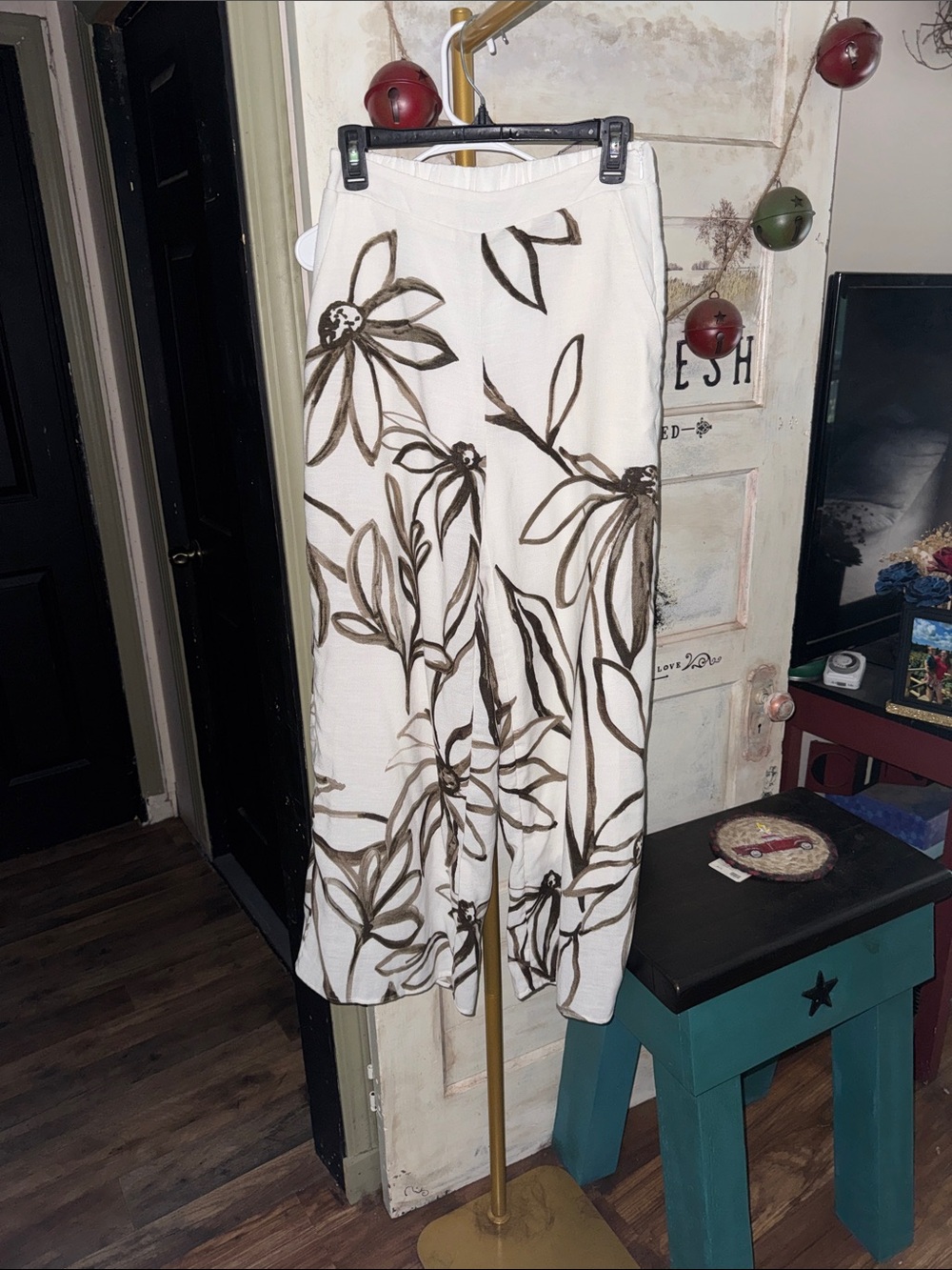 white birch Cream Wide leg double lined pants with Brown Floral Print